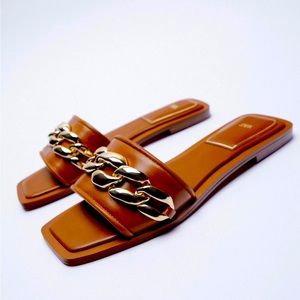 Zara - Square Toe Vegan Leather Gold Chain Slides in Brown - Size 37